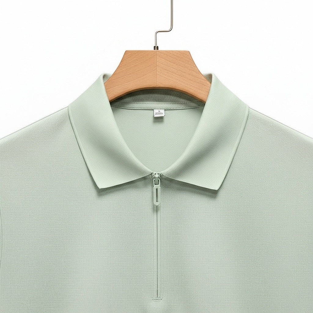 Cotton Zip Polo - Mint Green - Texture Close Up