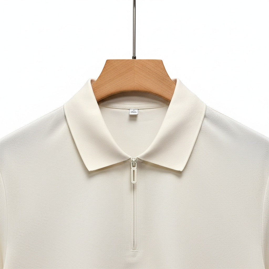 Cotton Zip Polo - Cream - Front View