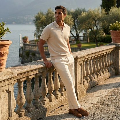 Cotton Zip Polo - Cream - Angled Shot