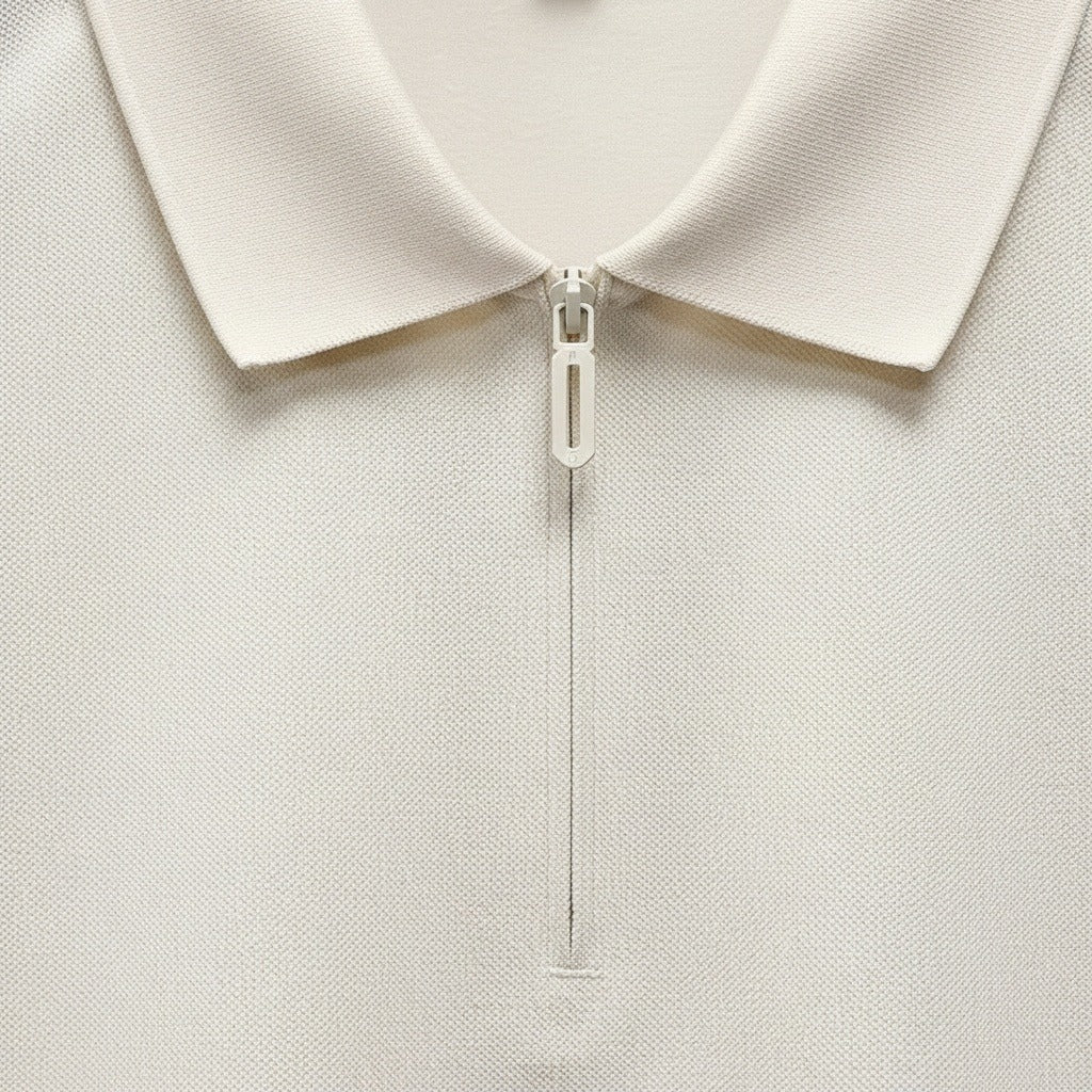 Cotton Zip Polo - Cream - Texture Close Up