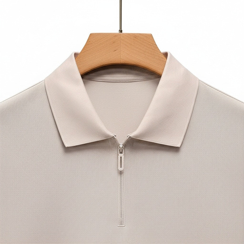 Cotton Zip Polo - Stone - Front View
