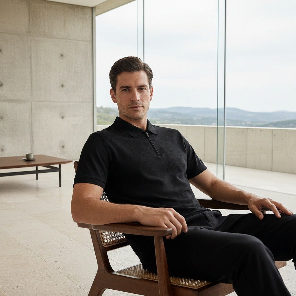 Cotton Zip Polo - Black - Side Profile