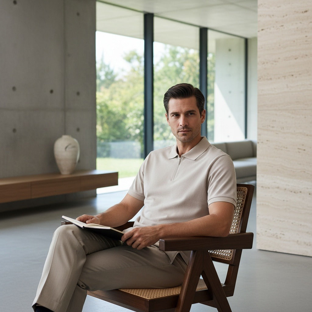 Cotton Zip Polo - Stone - Side Profile