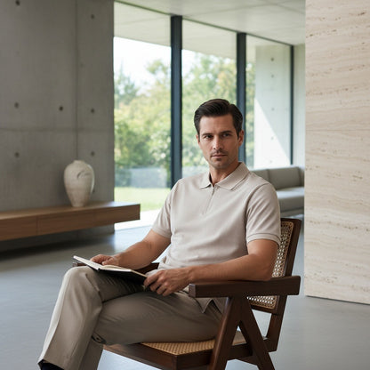 Cotton Zip Polo - Stone - Side Profile