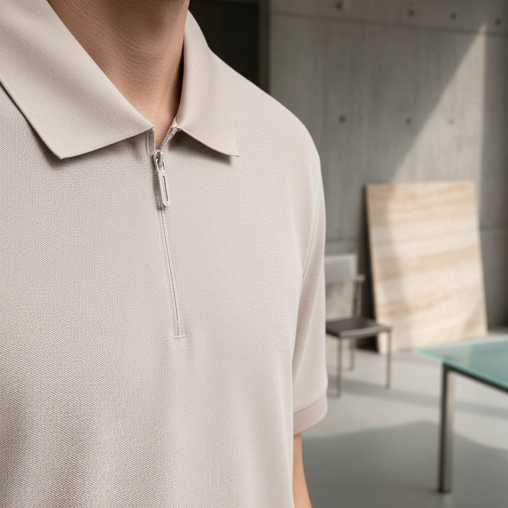 Cotton Zip Polo - Stone - Back View