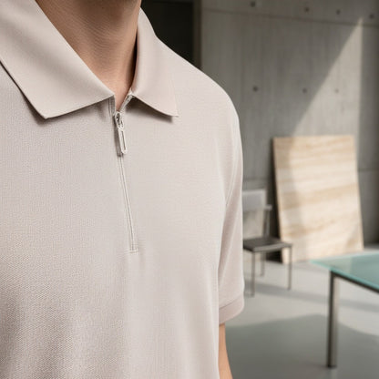 Cotton Zip Polo - Stone - Back View