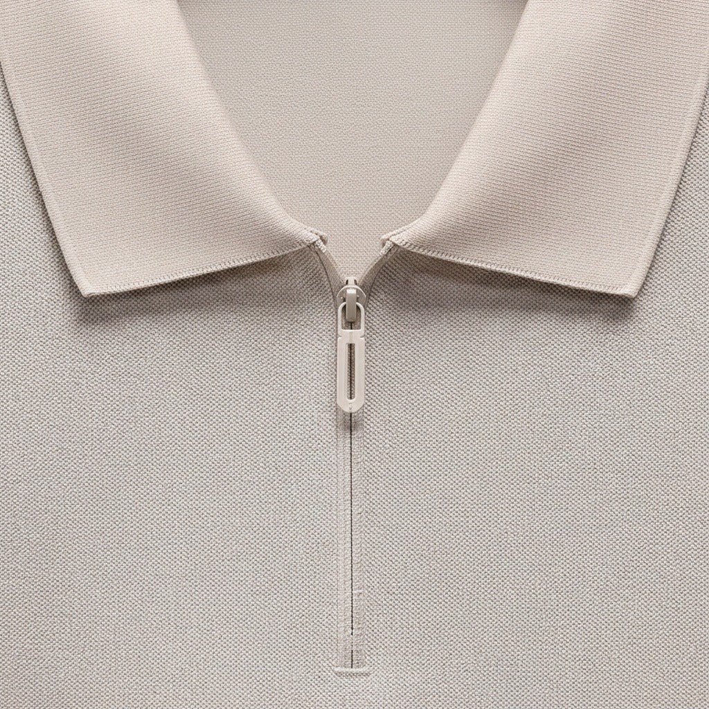 Cotton Zip Polo - Stone - Texture Close Up