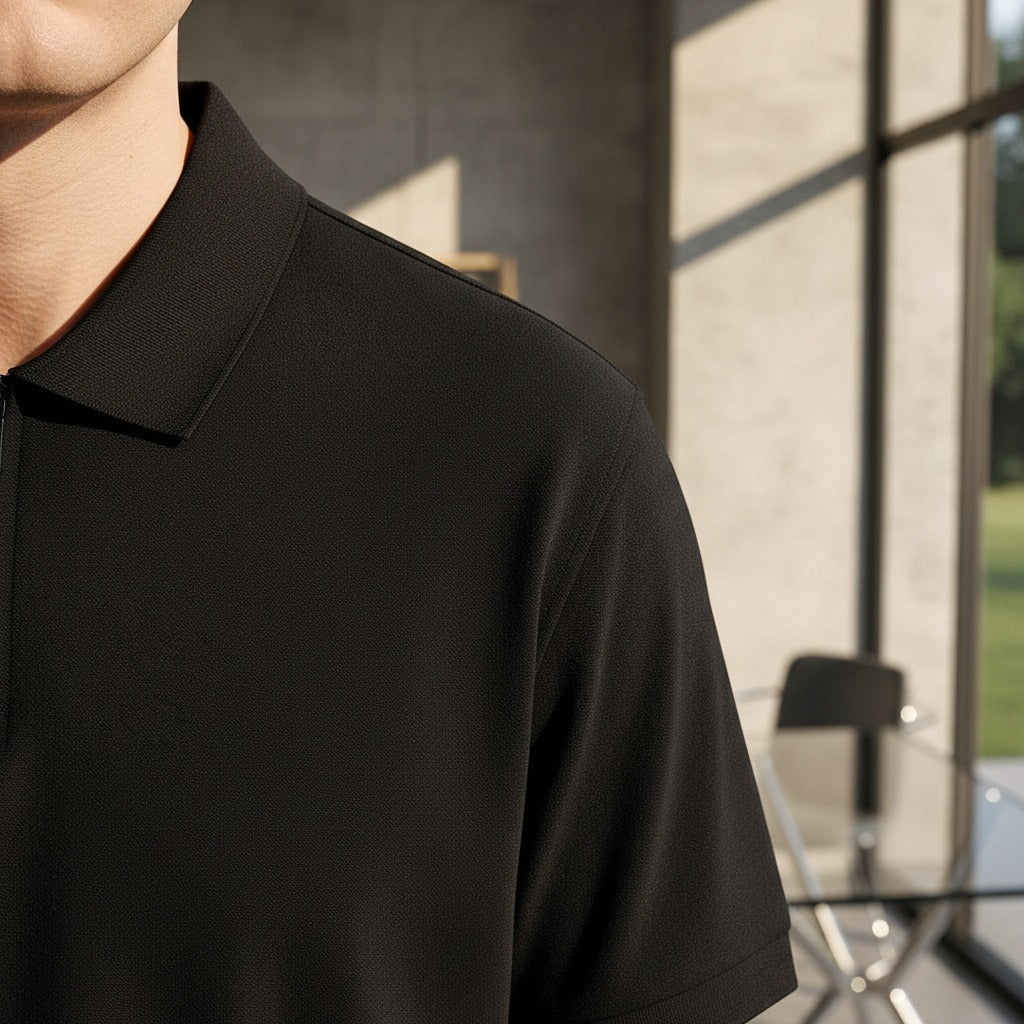 Cotton Zip Polo - Black - Back View