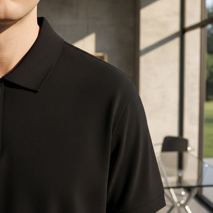 Cotton Zip Polo - Black - Back View