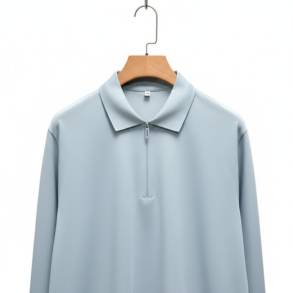 Cotton Zip Polo - Powder Blue - Front View