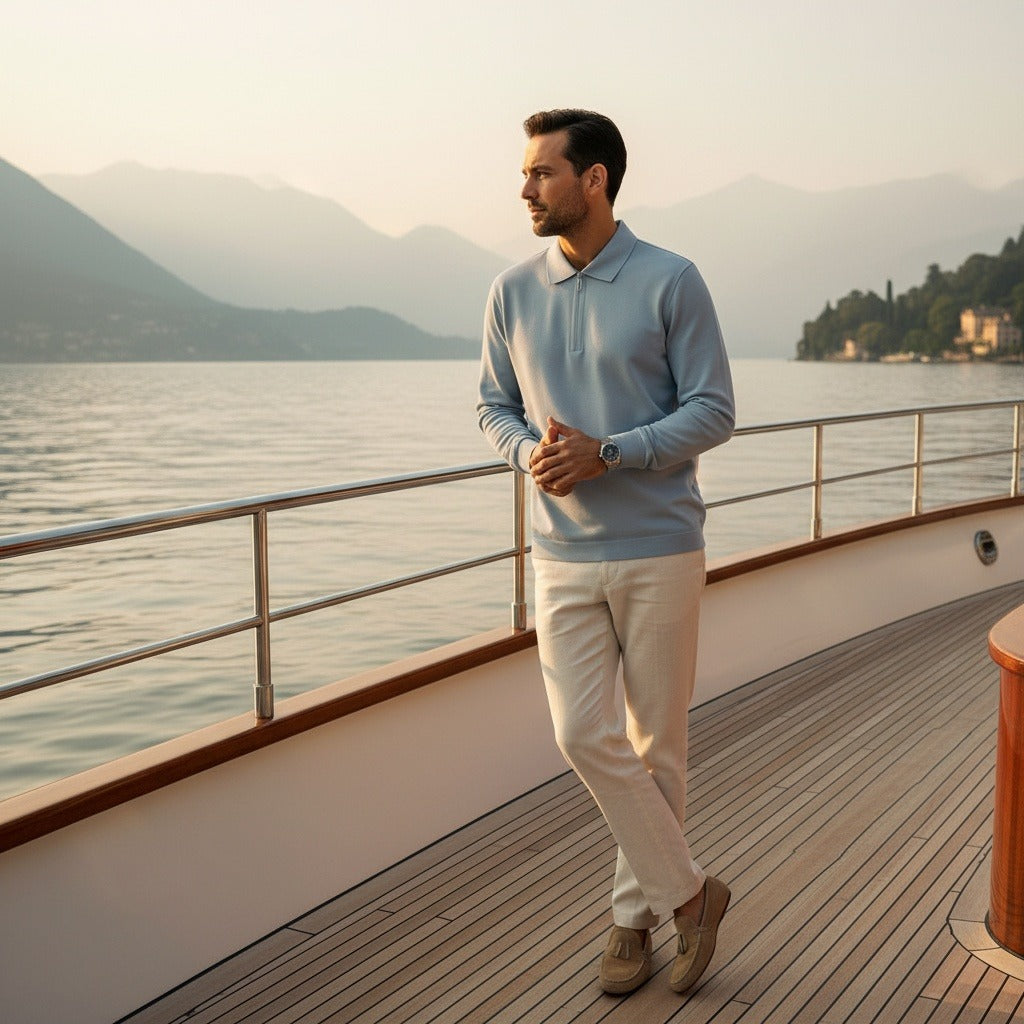 Cotton Zip Polo - Powder Blue - Angled Shot