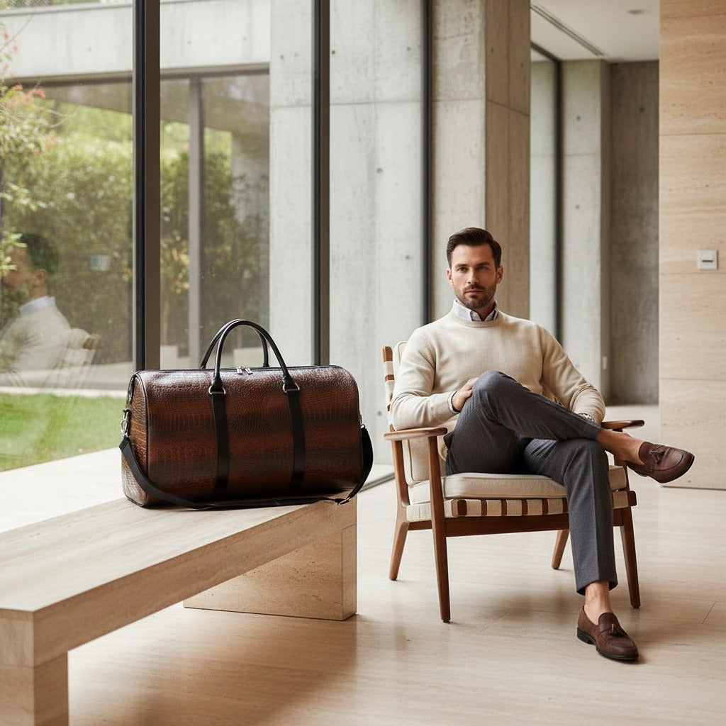 Crocodile Travel Bag - Dark Brown - Side Profile