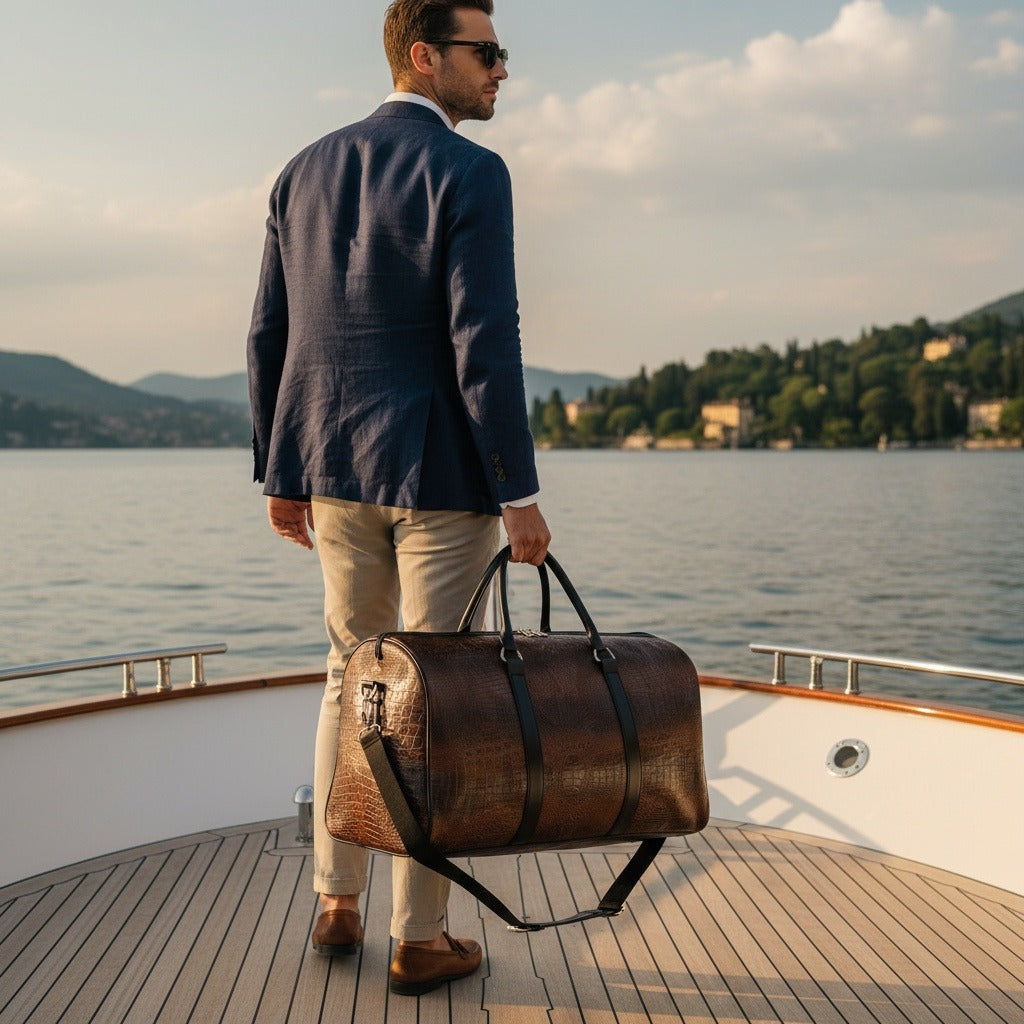 Crocodile Travel Bag - Dark Brown - Angled Shot