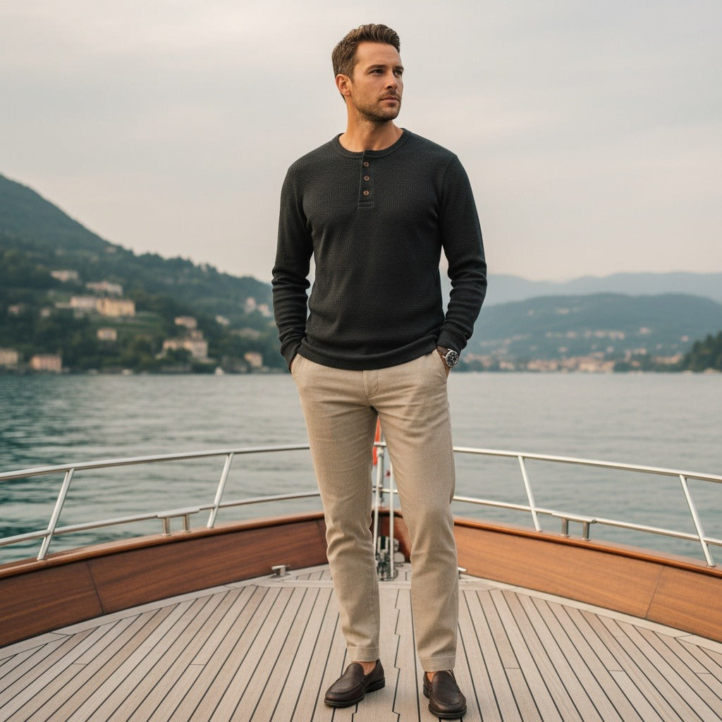 Dark Grey Henley T Shirt - Dark Grey - Angled Shot