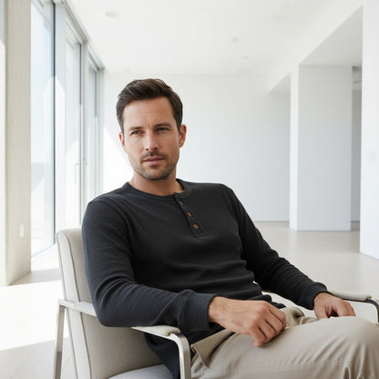Dark Grey Henley T Shirt - Dark Grey - Side Profile