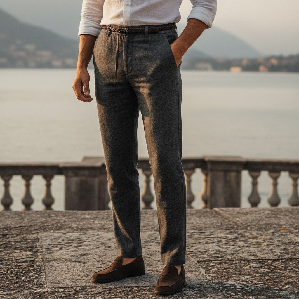 Dark Grey Linen Trousers Men - Dark Ash - Angled Shot