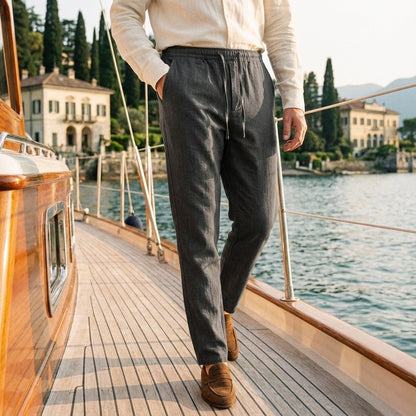 Dark Grey Linen Trousers Men - Charcoal Gray - Angled Shot