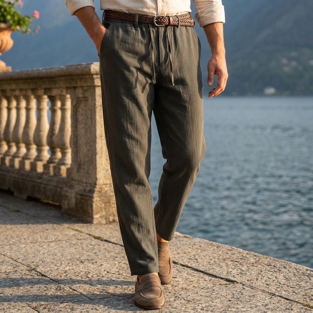 Dark Grey Linen Trousers Men - Deep Forest - Angled Shot
