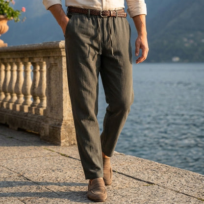 Dark Grey Linen Trousers Men - Deep Forest - Angled Shot