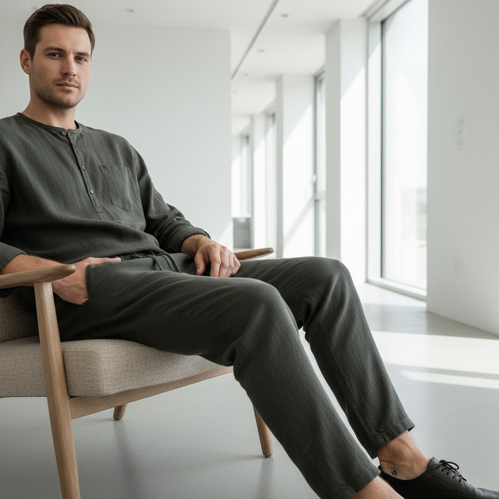 Dark Grey Linen Trousers Men - Deep Forest - Side Profile