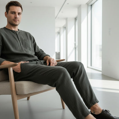 Dark Grey Linen Trousers Men - Deep Forest - Side Profile