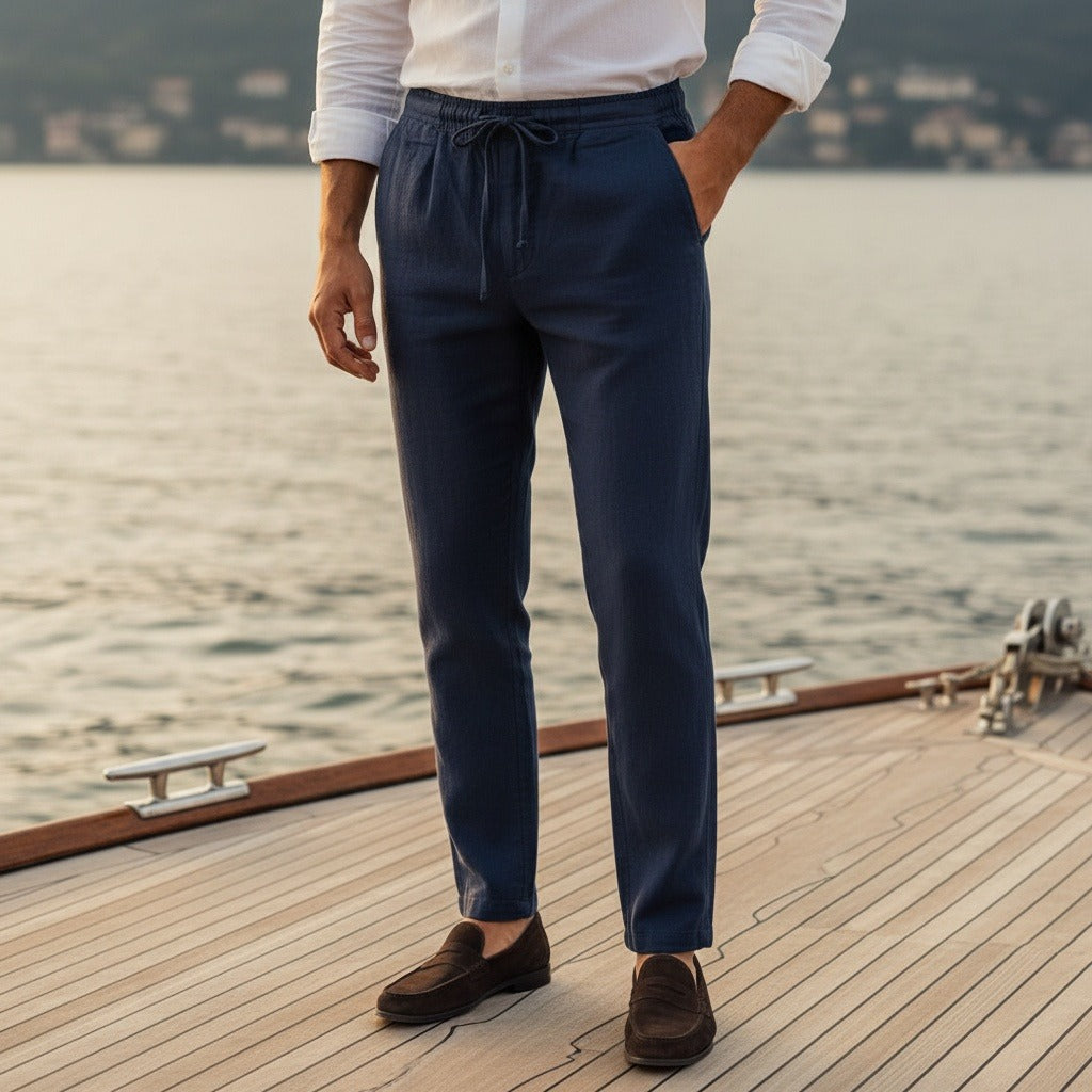 Dark Grey Linen Trousers Men - Midnight Blue - Angled Shot