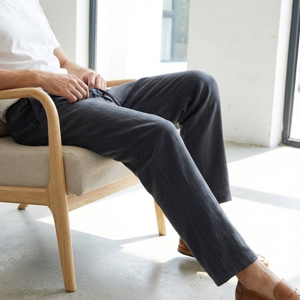 Dark Grey Linen Trousers Men - Midnight Blue - Side Profile