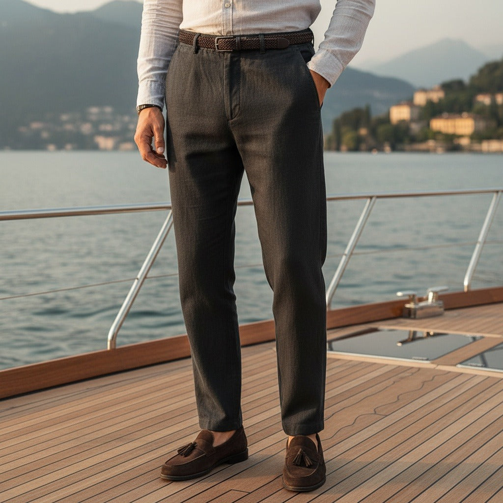 Dark Grey Linen Trousers Men - Jet Black - Angled Shot