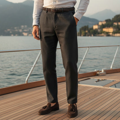 Dark Grey Linen Trousers Men - Jet Black - Angled Shot