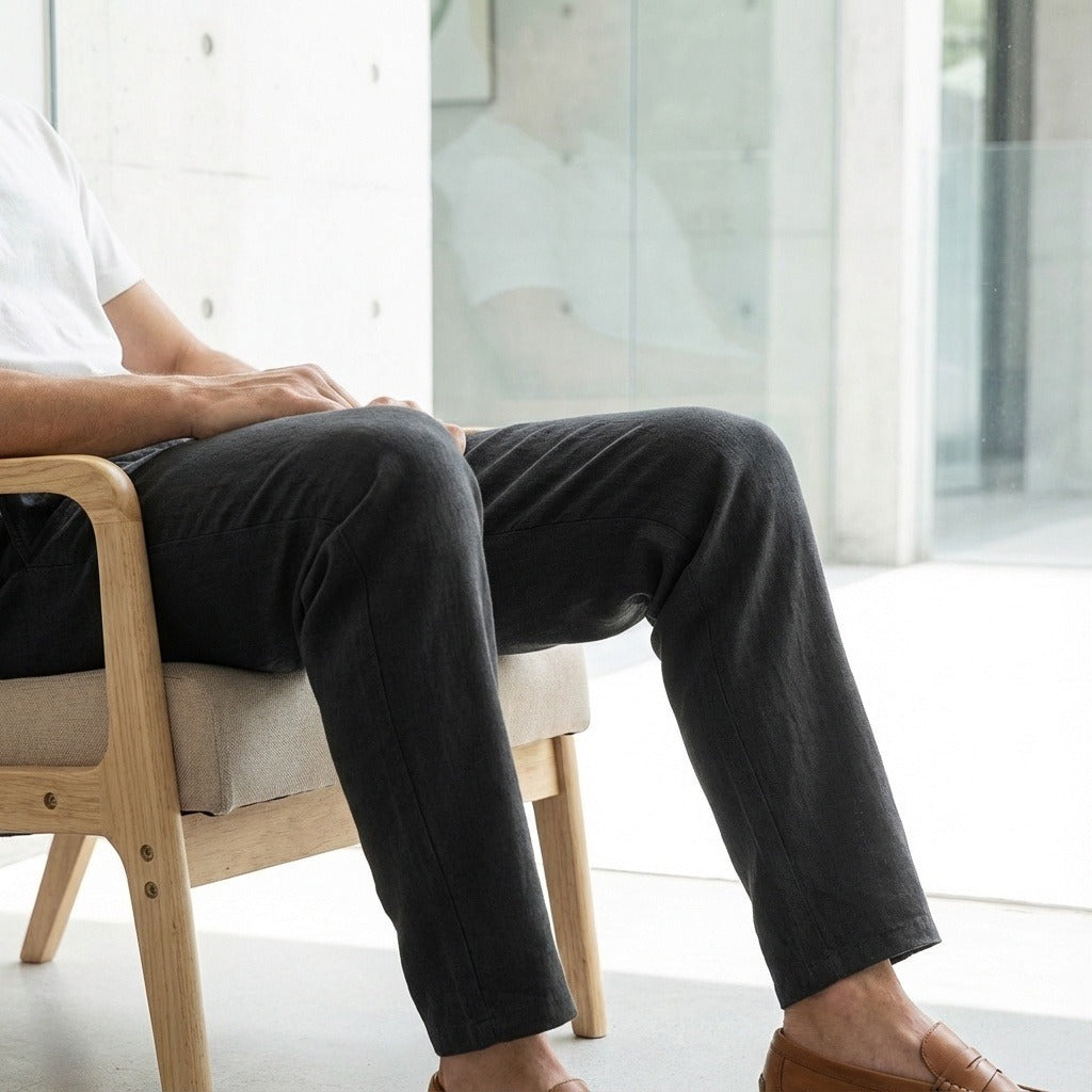 Dark Grey Linen Trousers Men - Jet Black - Side Profile