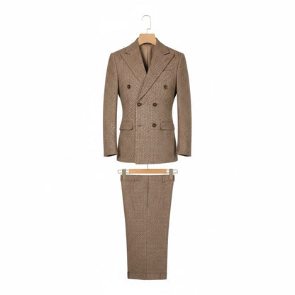 Double Breasted Tweed Suit - Brown - Front View