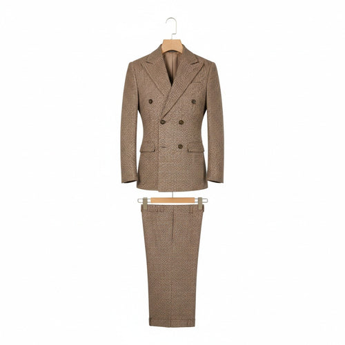 Double Breasted Tweed Suit - Brown - Front View