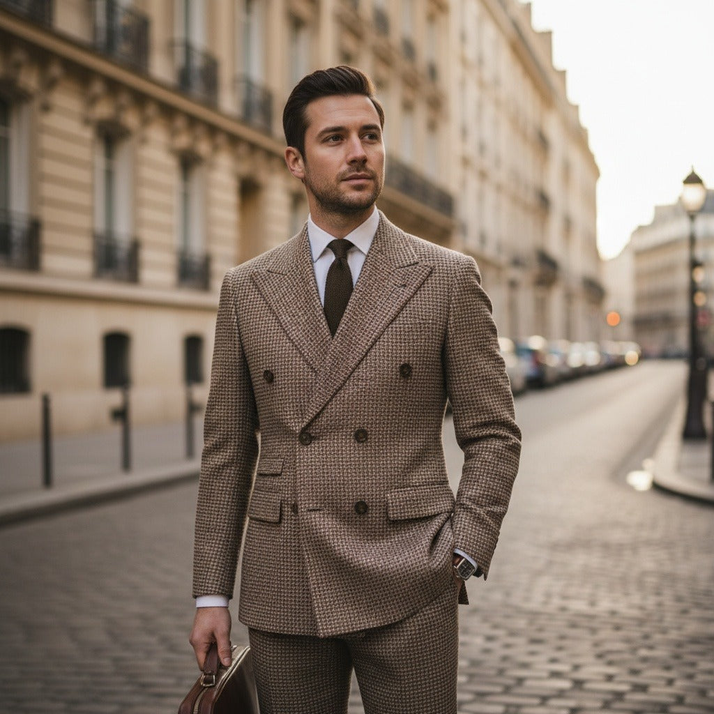 Double Breasted Tweed Suit - Brown - Angled Shot