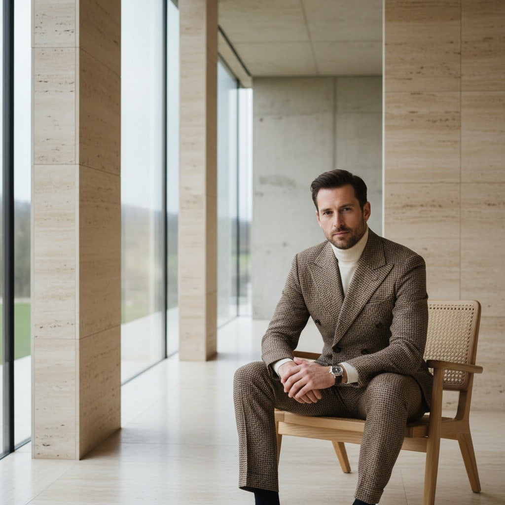 Double Breasted Tweed Suit - Brown - Side Profile