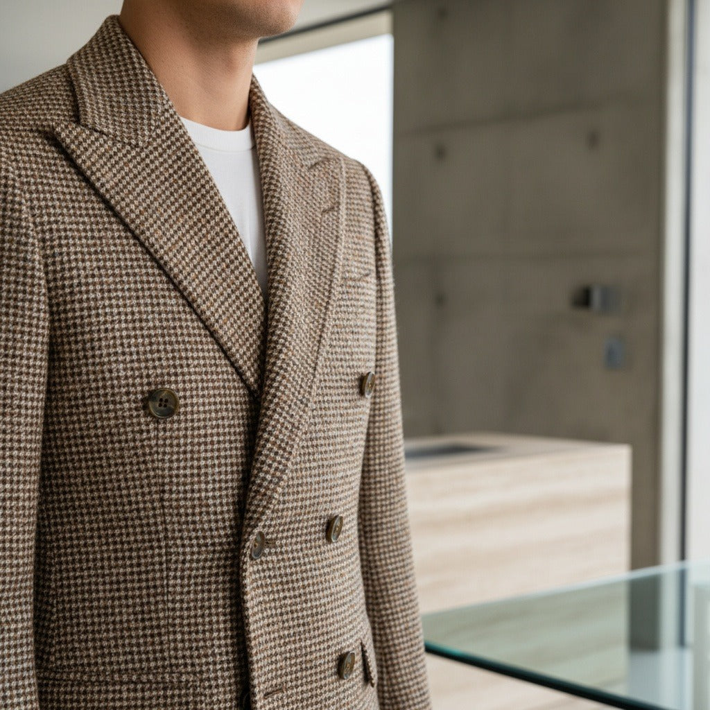 Double Breasted Tweed Suit - Brown - Back View