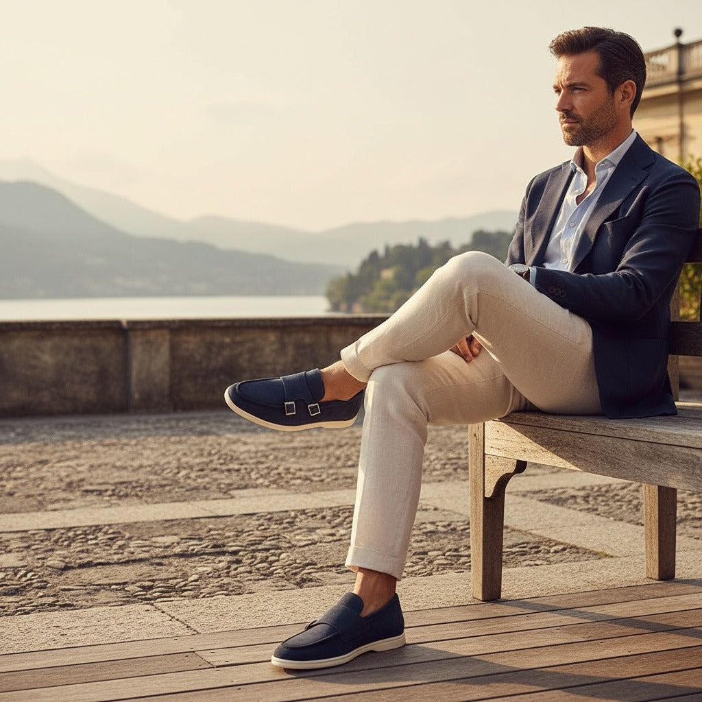 Double Buckle Loafers - Midnight Blue - Angled Shot