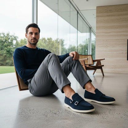 Double Buckle Loafers - Midnight Blue - Side Profile