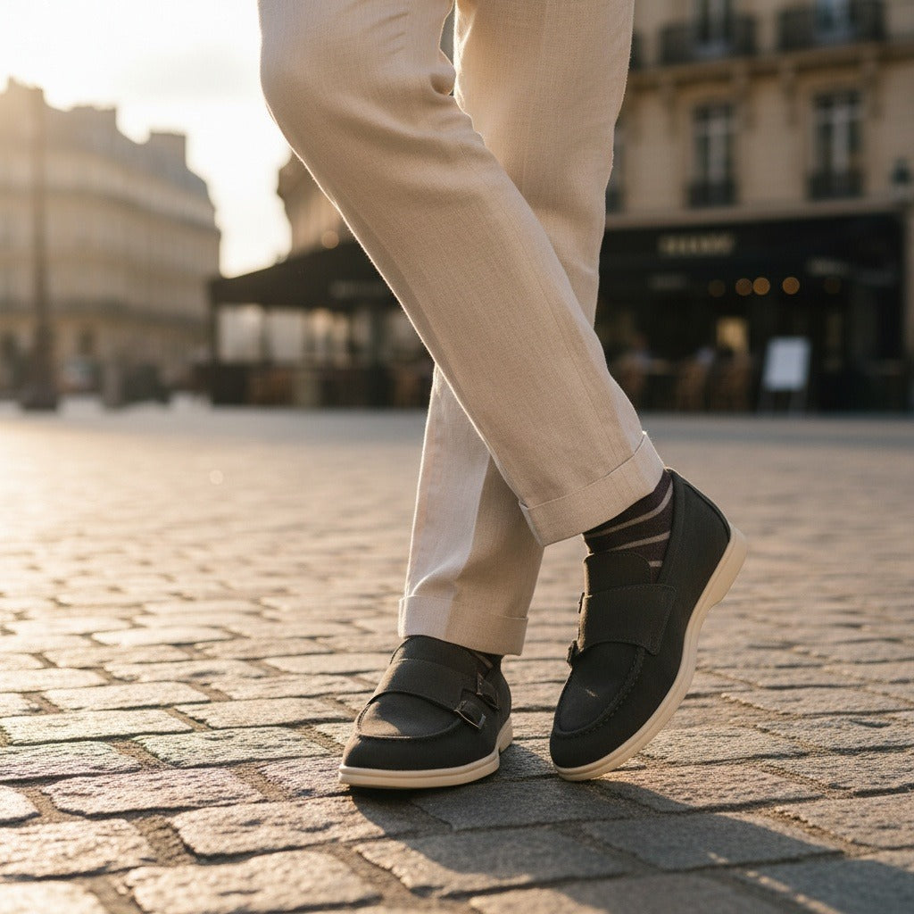 Double Buckle Loafers - Charcoal - Angled Shot