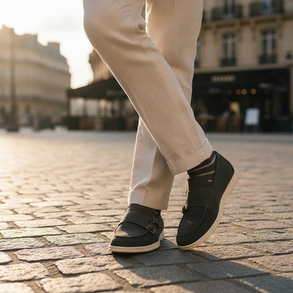Double Buckle Loafers - Charcoal - Angled Shot