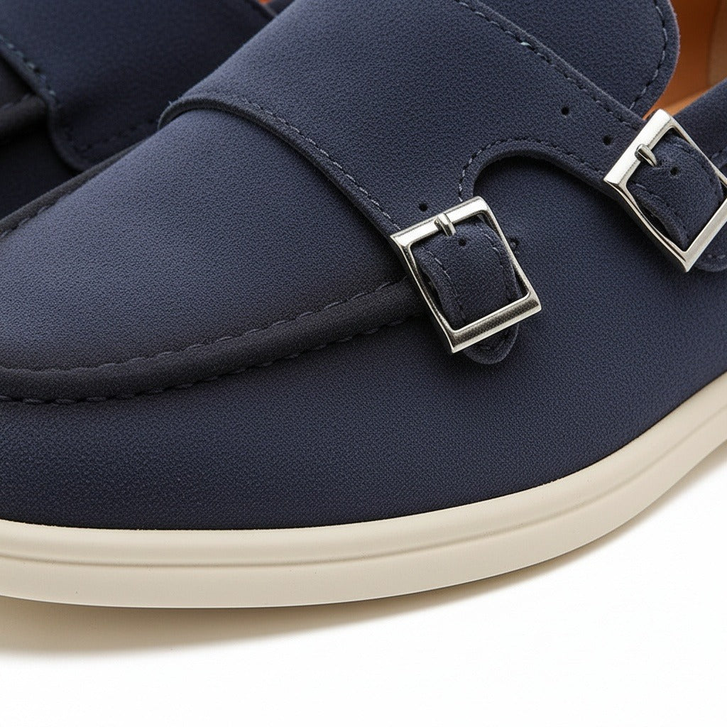 Double Buckle Loafers - Midnight Blue - Texture Close Up