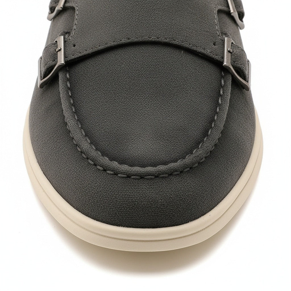 Double Buckle Loafers - Charcoal - Texture Close Up