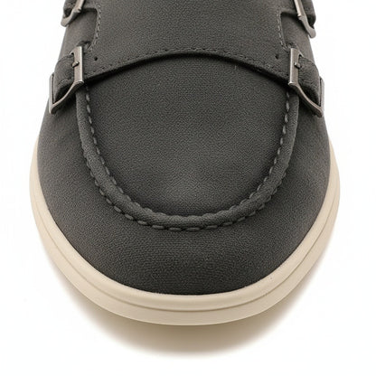 Double Buckle Loafers - Charcoal - Texture Close Up