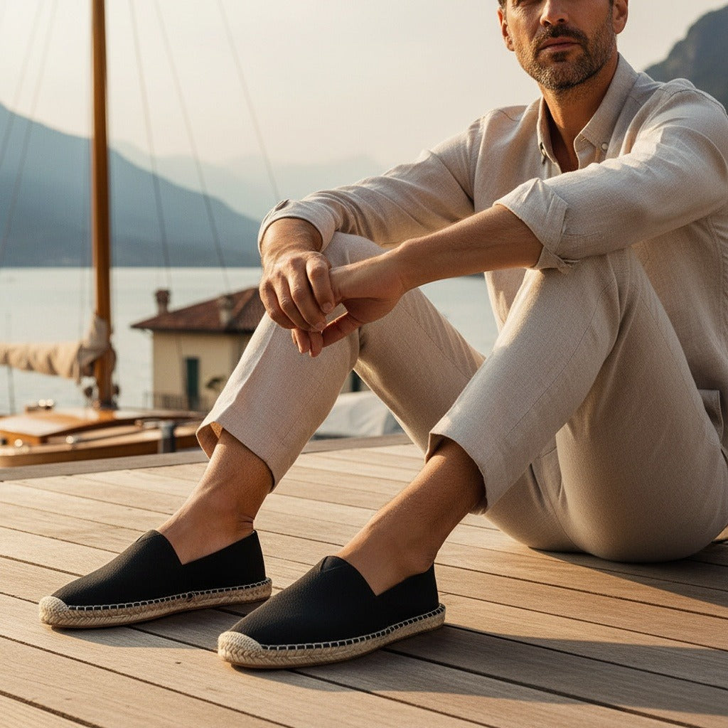 Espadrille Mens Sandals - Black - Angled Shot