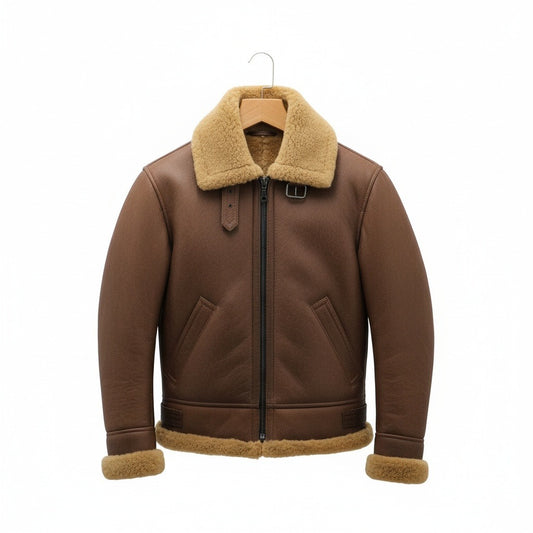 Fake Leather Aviator Jacket - Brown - Front View