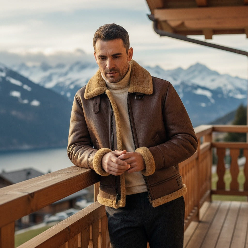 Fake Leather Aviator Jacket - Brown - Angled Shot