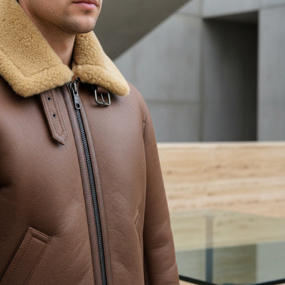 Fake Leather Aviator Jacket - Brown - Back View