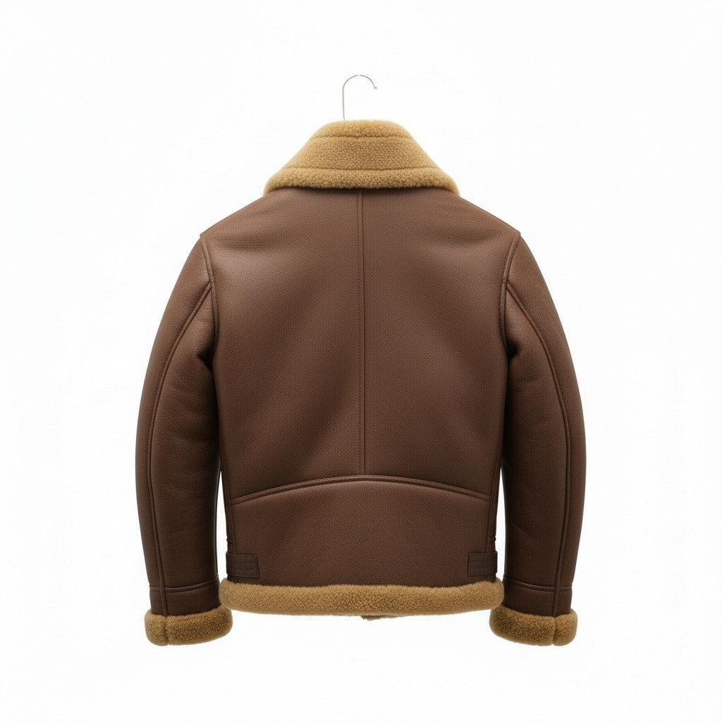 Fake Leather Aviator Jacket - Brown - Fabric Detail