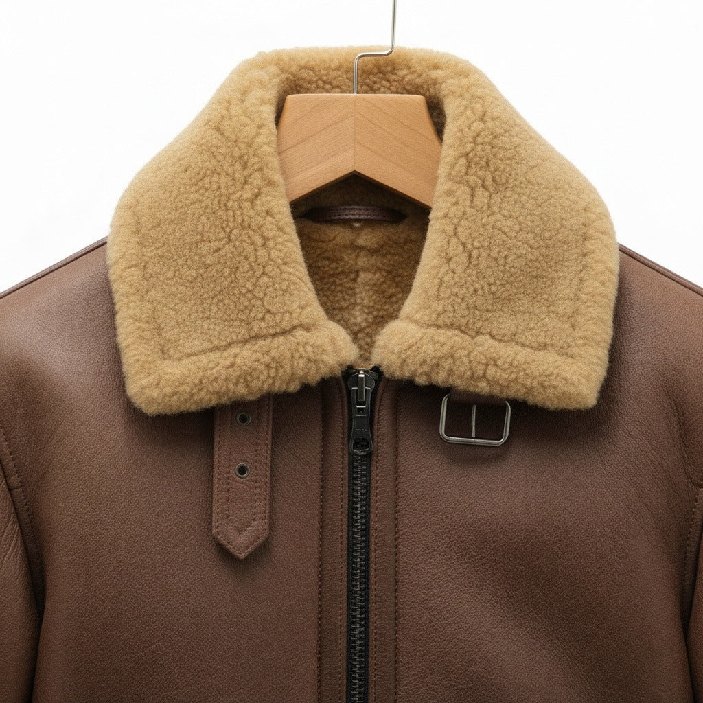Fake Leather Aviator Jacket - Brown - Texture Close Up