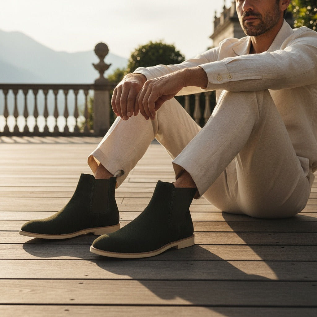 Green Chelsea Boots Mens - Green - Angled Shot