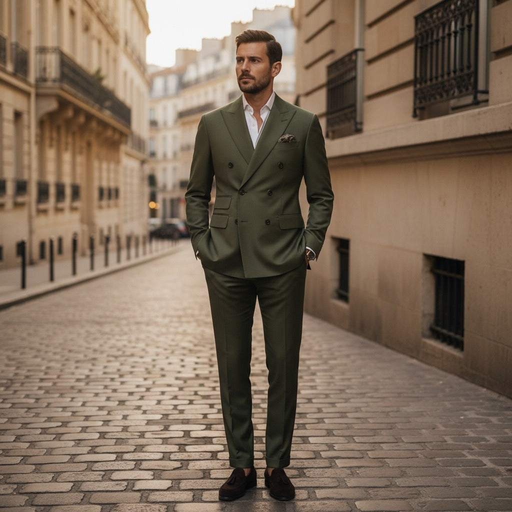 Green Double Breasted Suit - Green - Angled Shot